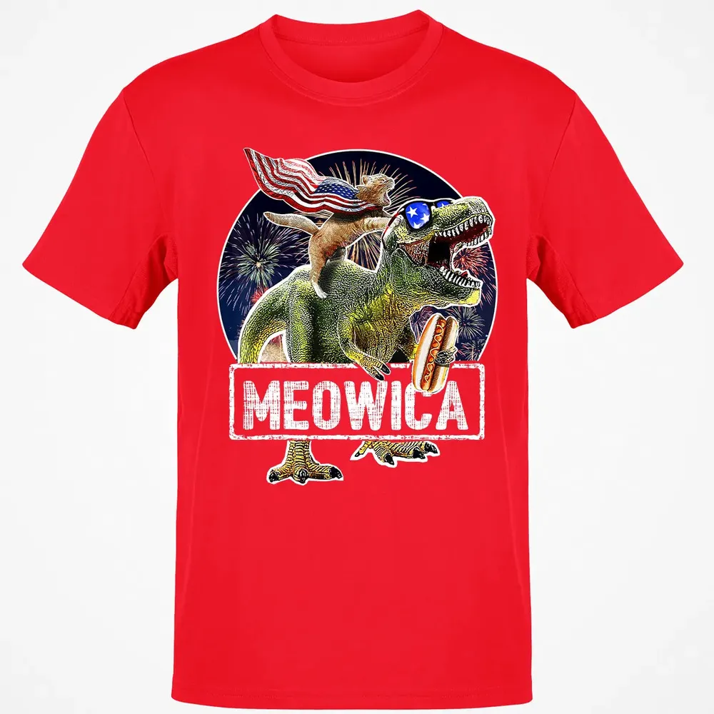 Meowica American Flag Cat T Rex Dinosaur 4th of July Kids Classic Unisex T-Shirt - 11