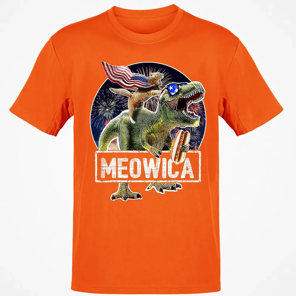 Meowica American Flag Cat T Rex Dinosaur 4th of July Kids Classic Unisex T-Shirt - 9