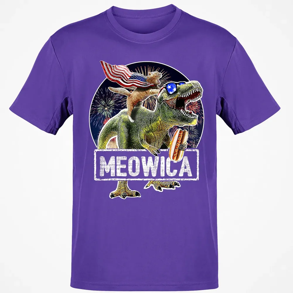 Meowica American Flag Cat T Rex Dinosaur 4th of July Kids Classic Unisex T-Shirt - 10