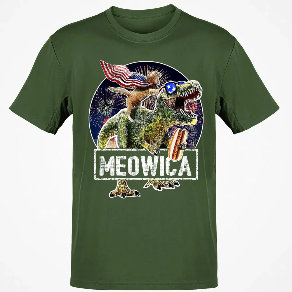Meowica American Flag Cat T Rex Dinosaur 4th of July Kids Classic Unisex T-Shirt - 7
