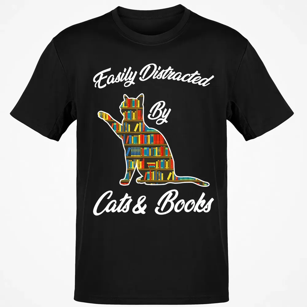 Easily Distracted by Cat & Books Animal Lover Meowing Kitty Classic Unisex T-Shirt - 2