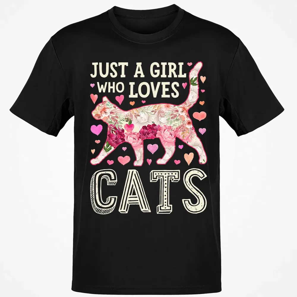 Just A Girl Who Loves Cats Funny Women Cat Flower Floral Classic Unisex T-Shirt - 2