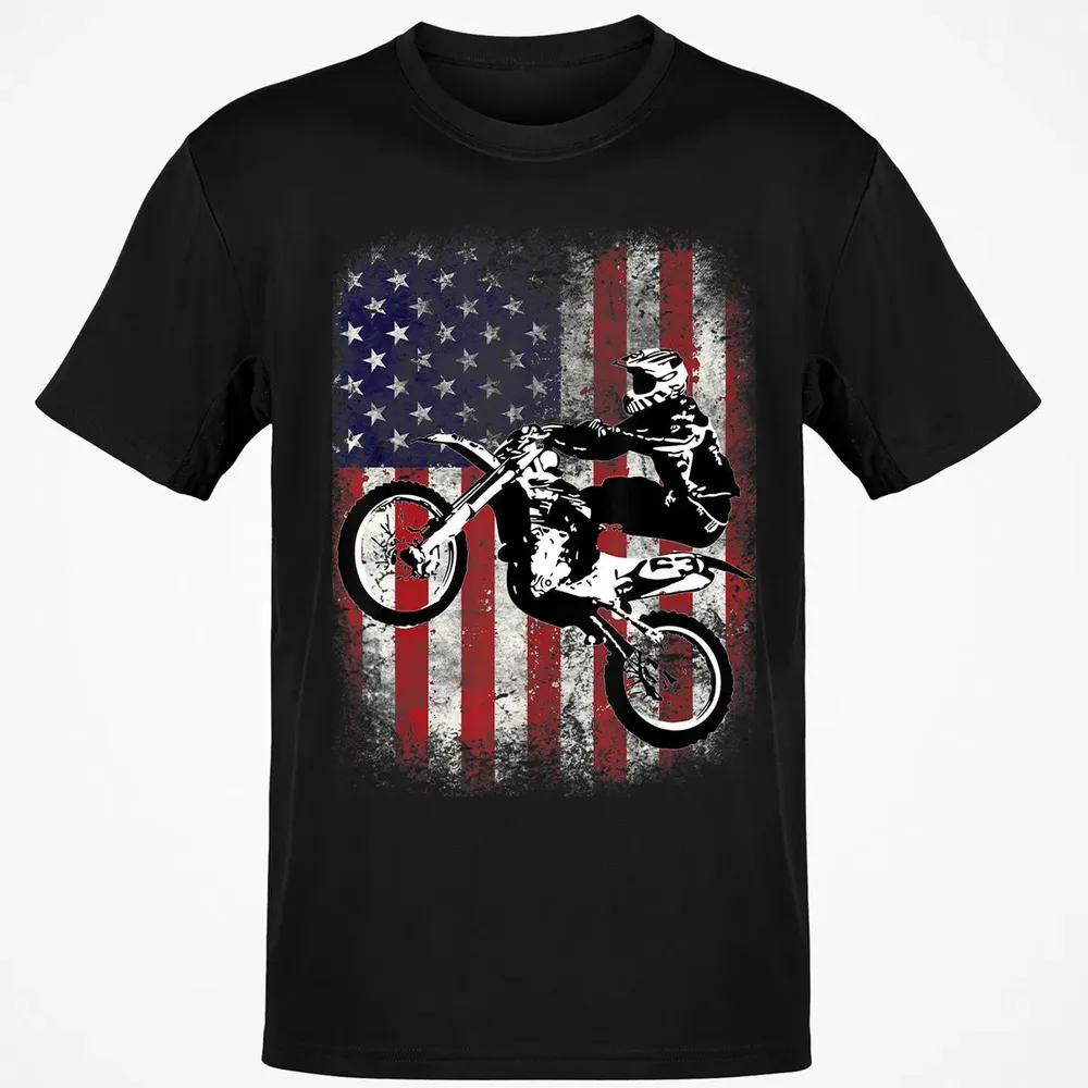 Dirt Bike American Flag Motocross Biker 4th of July Classic Unisex T-Shirt - 2