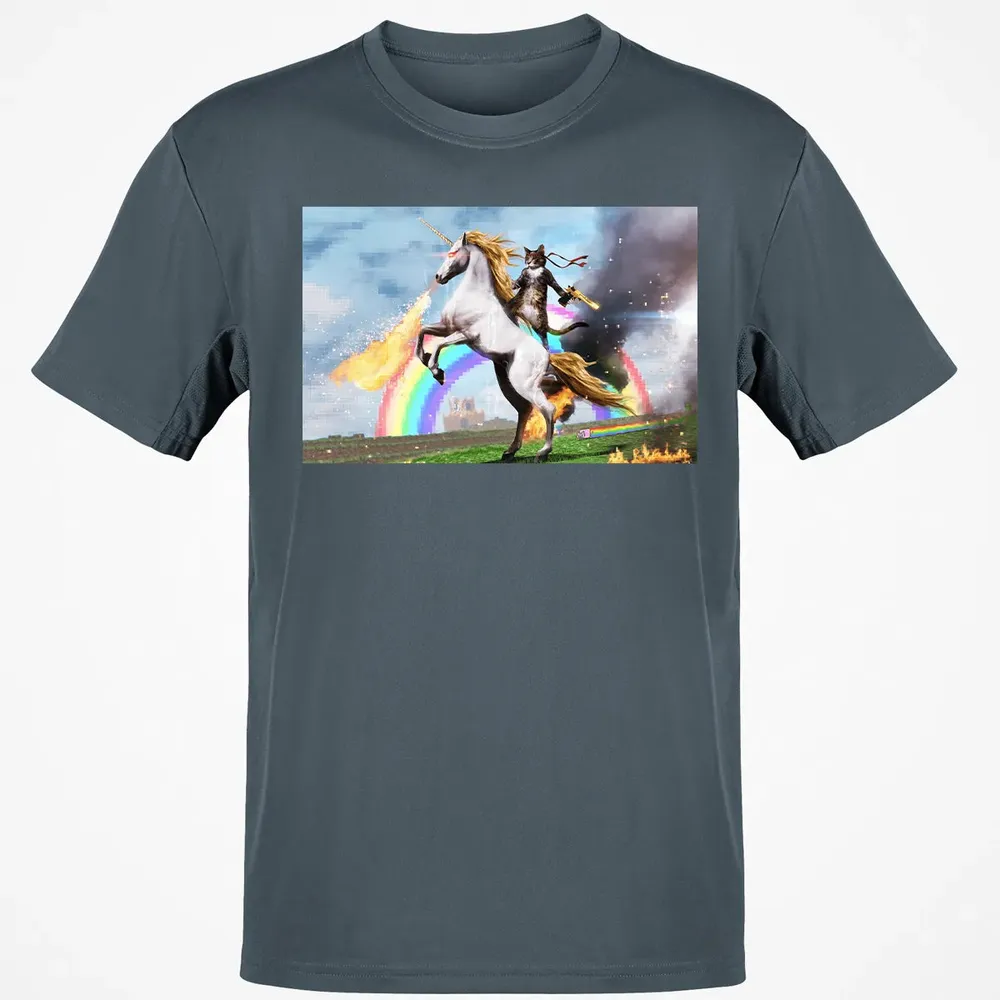Cat Riding Fire Breathing Unicorn Meme Classic Unisex T-Shirt - 4