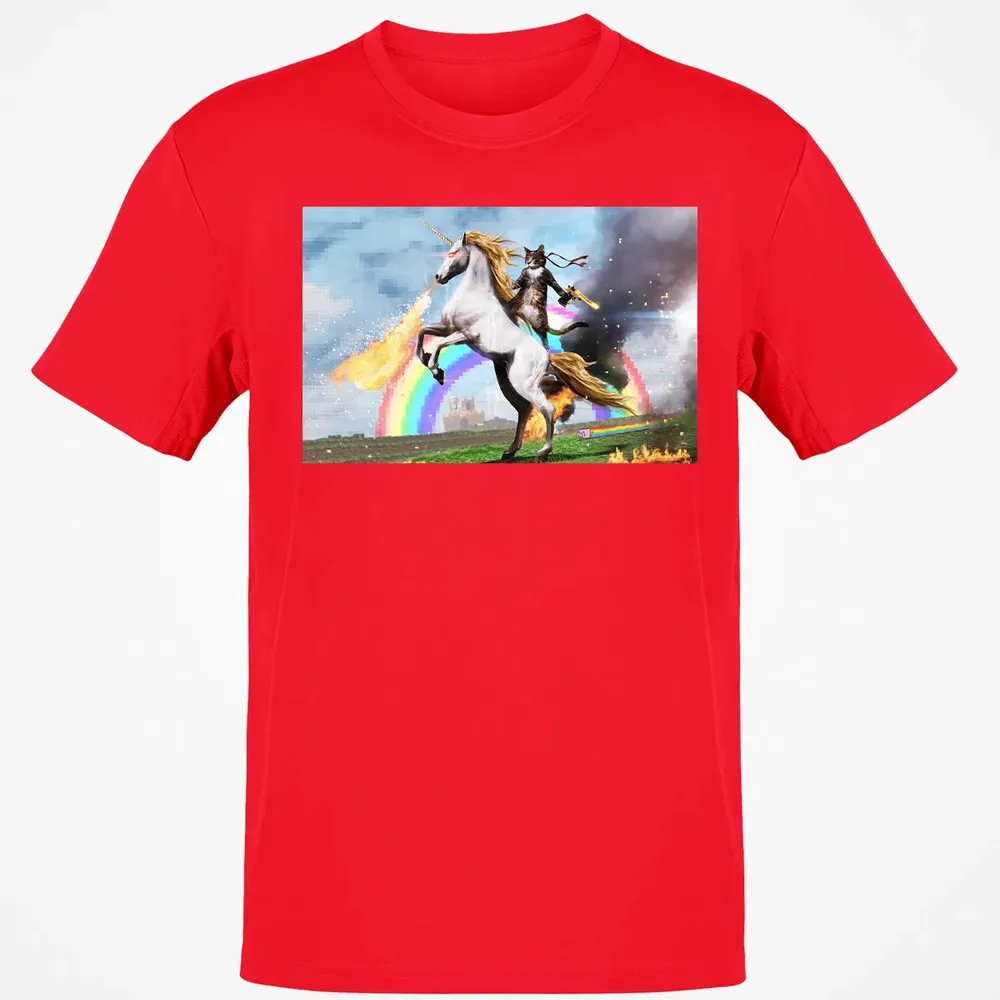 Cat Riding Fire Breathing Unicorn Meme Classic Unisex T-Shirt - 11