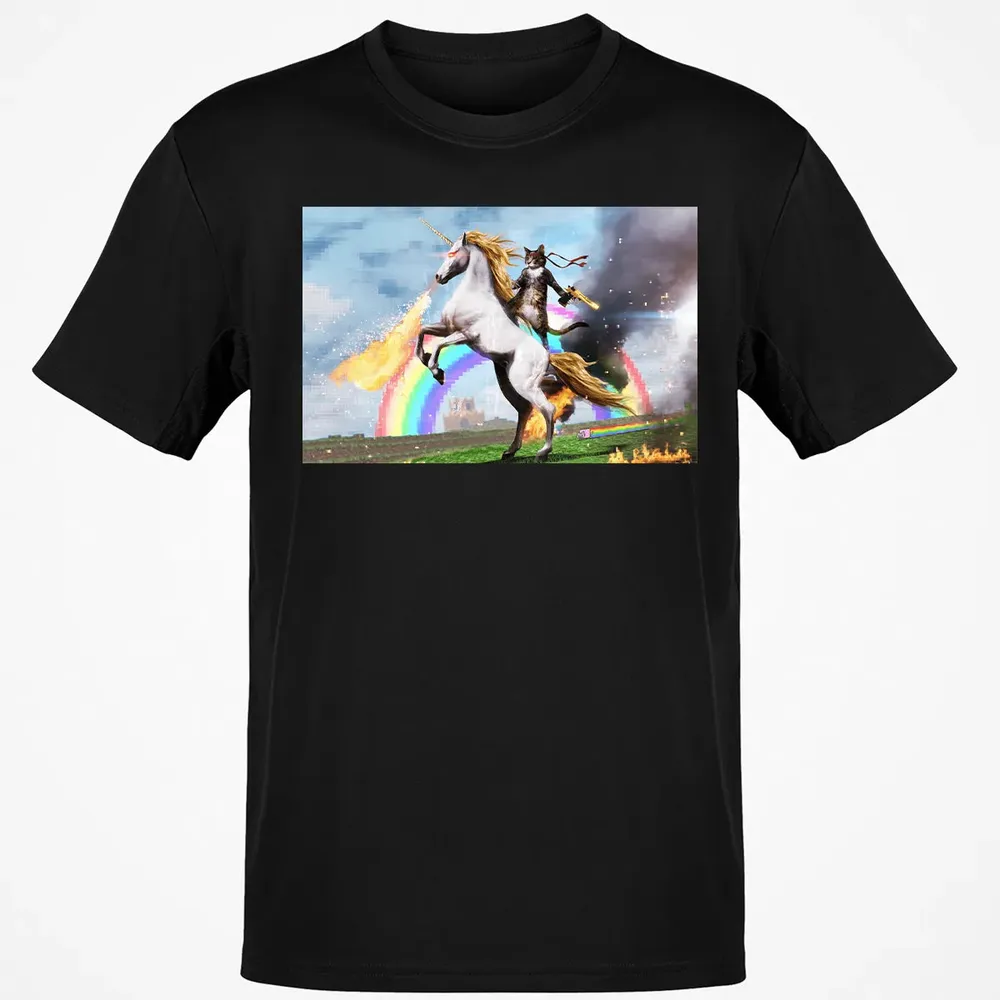 Cat Riding Fire Breathing Unicorn Meme Classic Unisex T-Shirt - 2