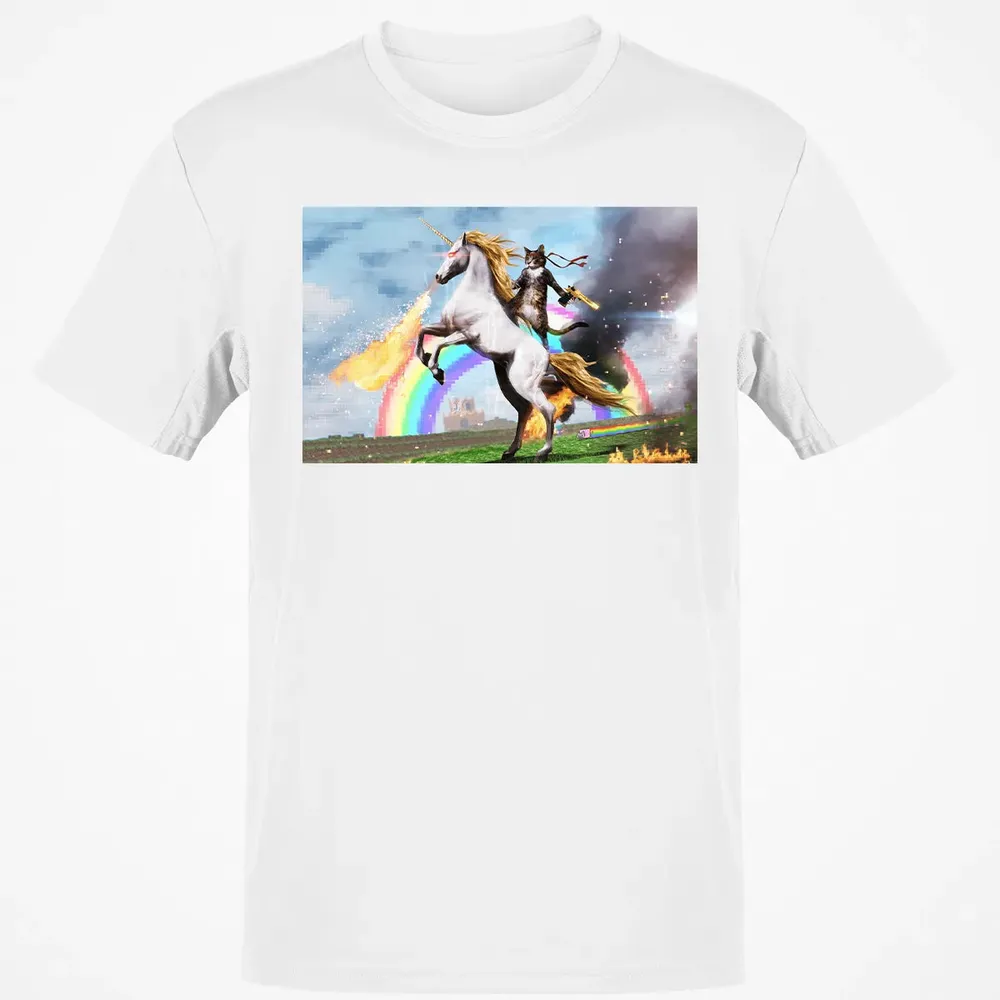 Cat Riding Fire Breathing Unicorn Meme Classic Unisex T-Shirt - 13