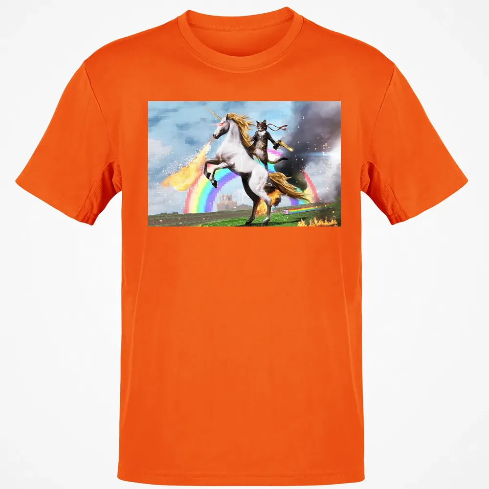 Cat Riding Fire Breathing Unicorn Meme Classic Unisex T-Shirt - 9