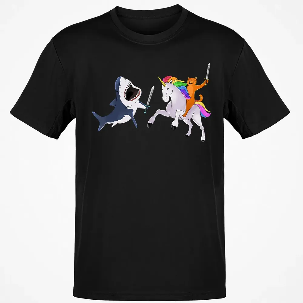 Funny Cat Riding Magical Unicorn Sword Fighting Shark Classic Unisex T-Shirt - 2