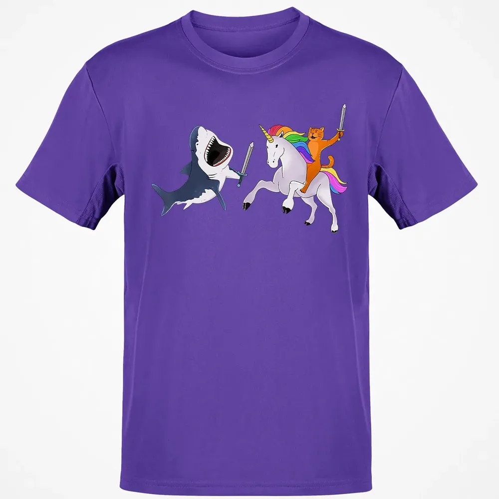 Funny Cat Riding Magical Unicorn Sword Fighting Shark Classic Unisex T-Shirt - 10