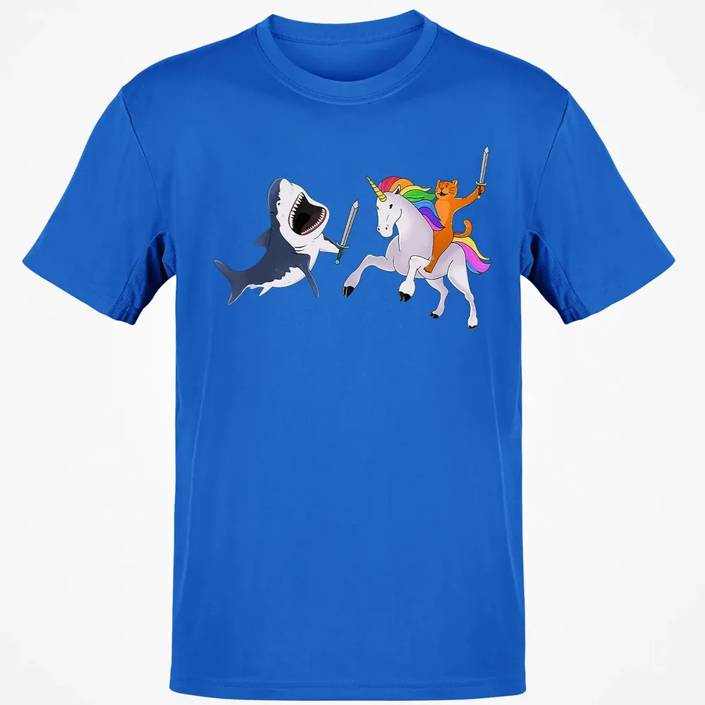 Funny Cat Riding Magical Unicorn Sword Fighting Shark Classic Unisex T-Shirt - 12