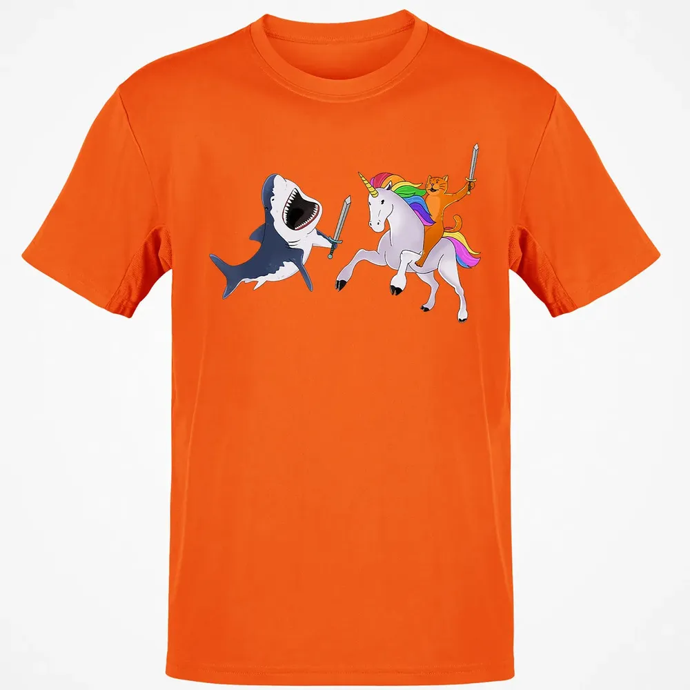 Funny Cat Riding Magical Unicorn Sword Fighting Shark Classic Unisex T-Shirt - 9