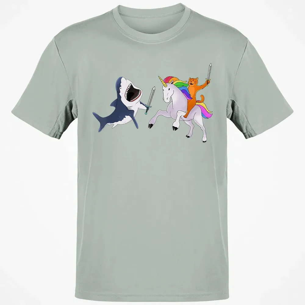 Funny Cat Riding Magical Unicorn Sword Fighting Shark Classic Unisex T-Shirt - 3