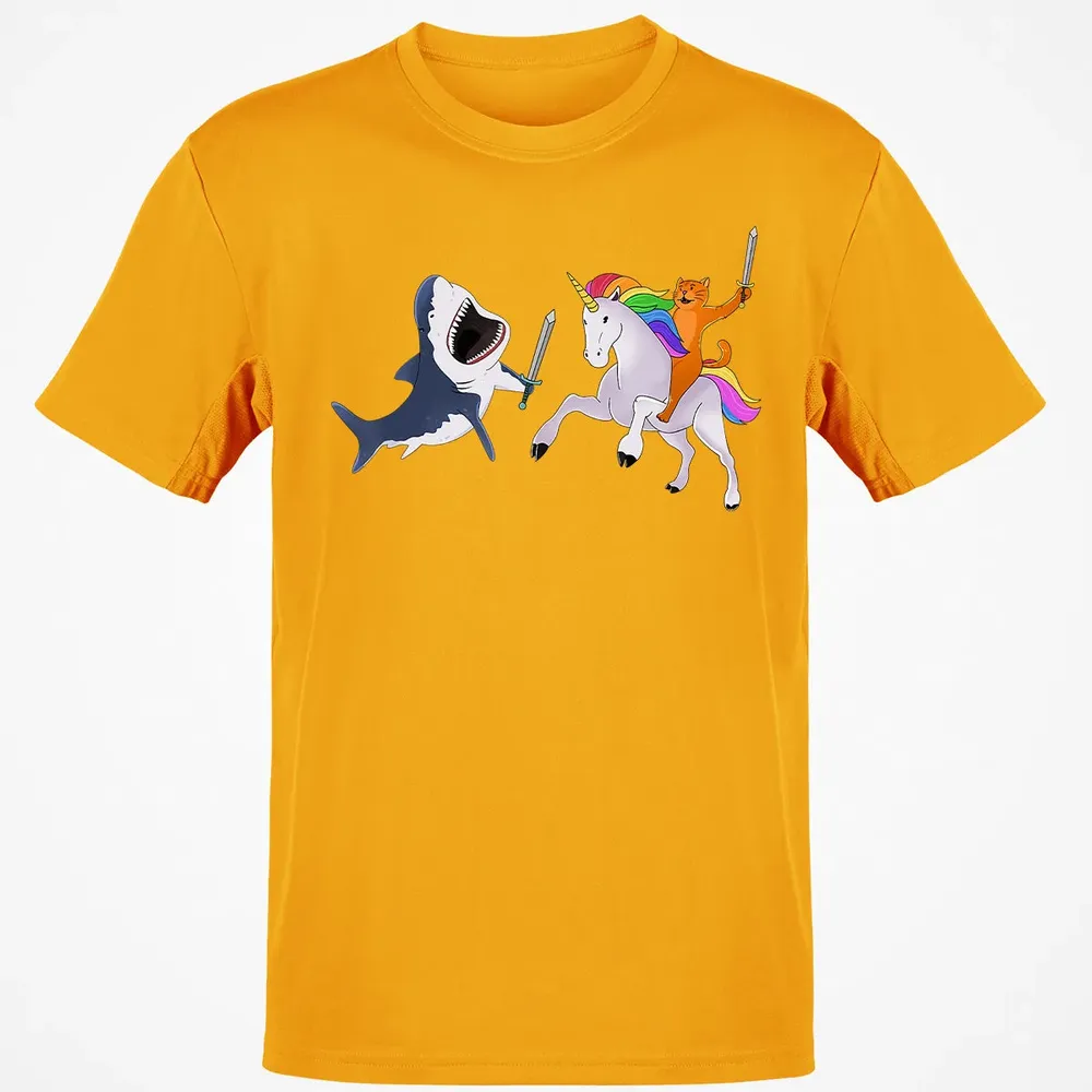 Funny Cat Riding Magical Unicorn Sword Fighting Shark Classic Unisex T-Shirt - 5