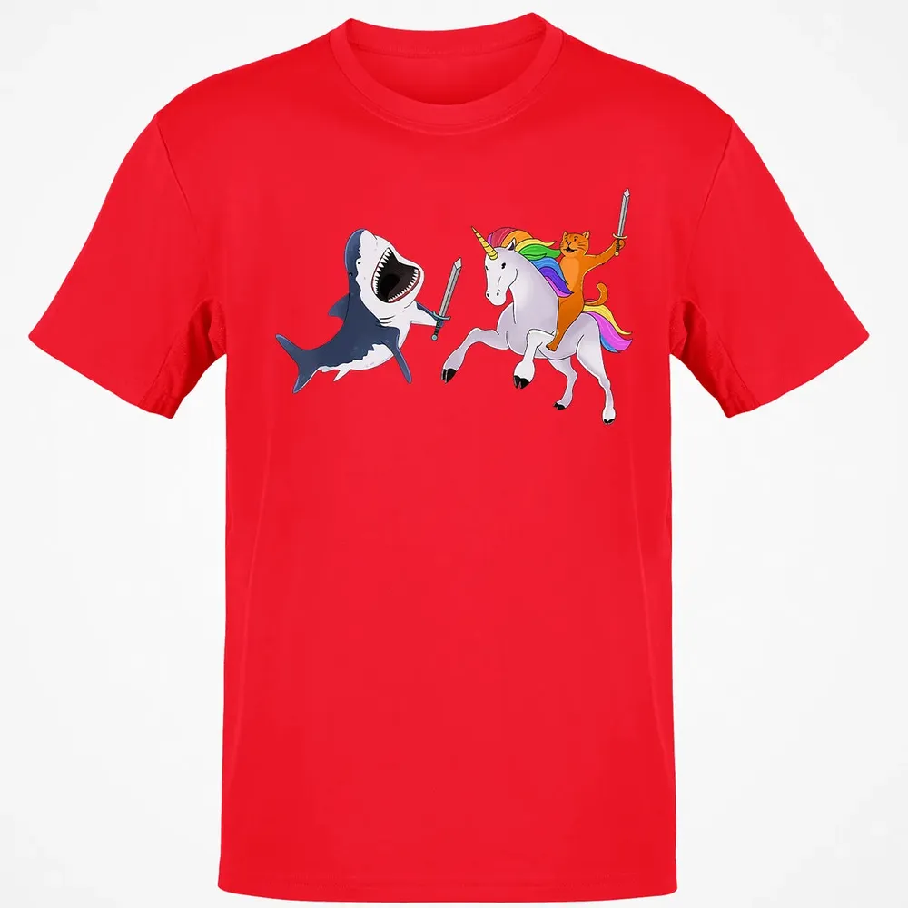 Funny Cat Riding Magical Unicorn Sword Fighting Shark Classic Unisex T-Shirt - 11