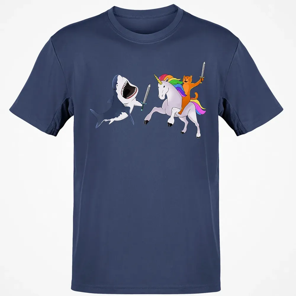 Funny Cat Riding Magical Unicorn Sword Fighting Shark Classic Unisex T-Shirt - 8