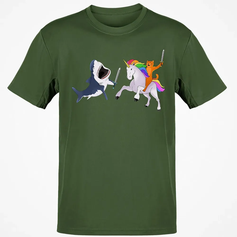 Funny Cat Riding Magical Unicorn Sword Fighting Shark Classic Unisex T-Shirt - 7