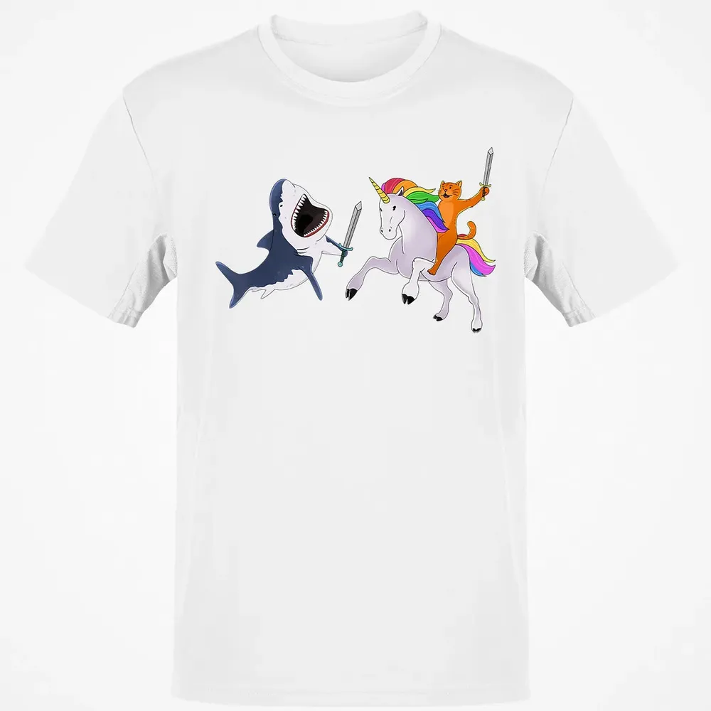 Funny Cat Riding Magical Unicorn Sword Fighting Shark Classic Unisex T-Shirt - 13