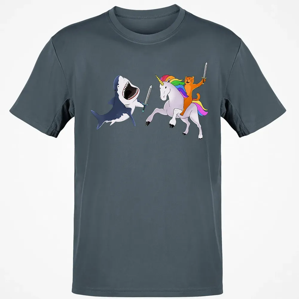 Funny Cat Riding Magical Unicorn Sword Fighting Shark Classic Unisex T-Shirt - 4