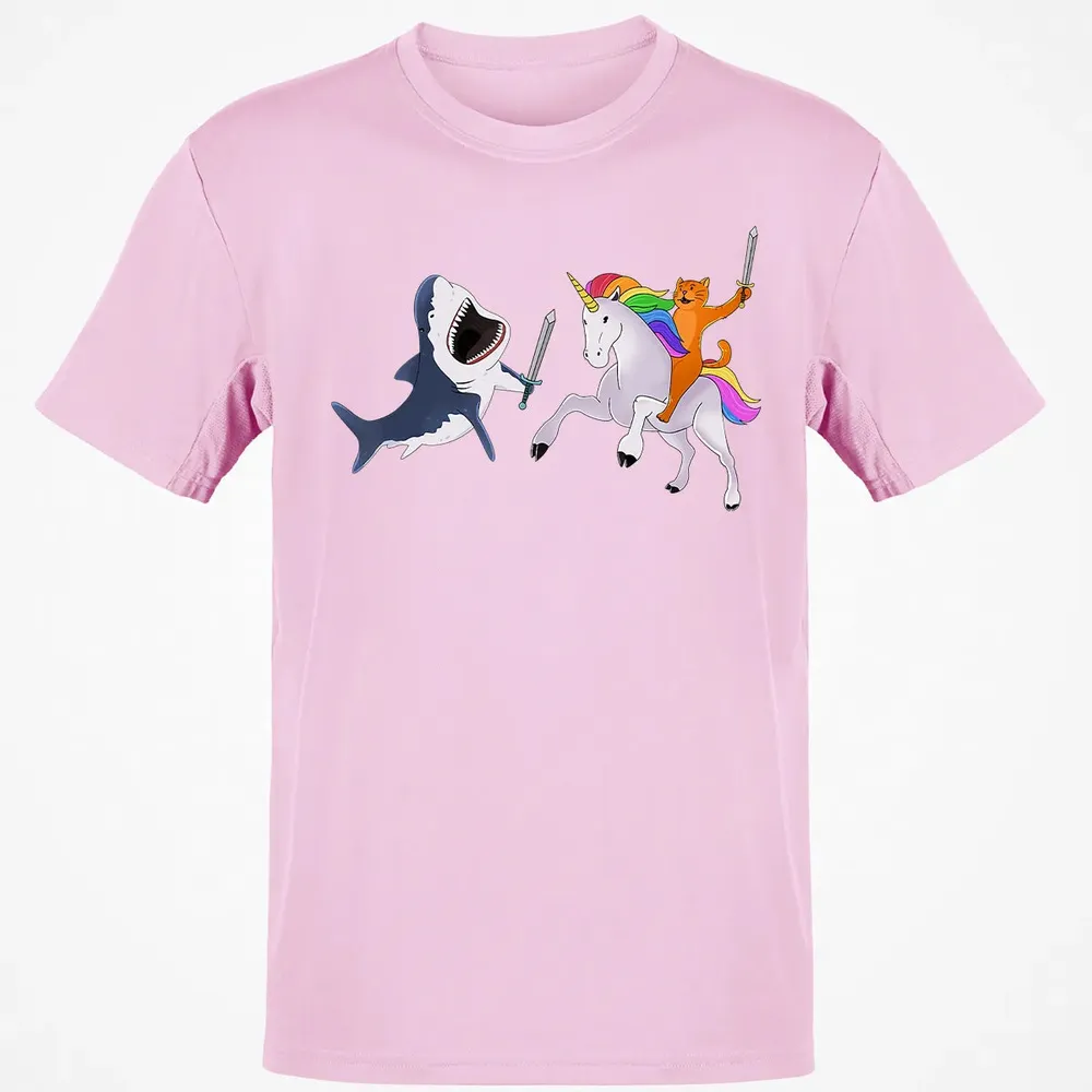 Funny Cat Riding Magical Unicorn Sword Fighting Shark Classic Unisex T-Shirt - 6