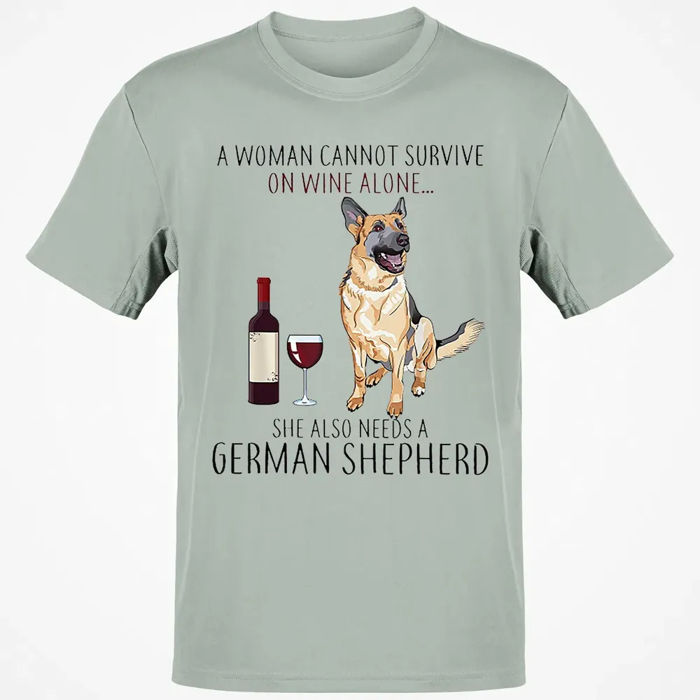 A Woman Cannot Survive On Wine Alone German Shepherd Classic Unisex T-Shirt - 3