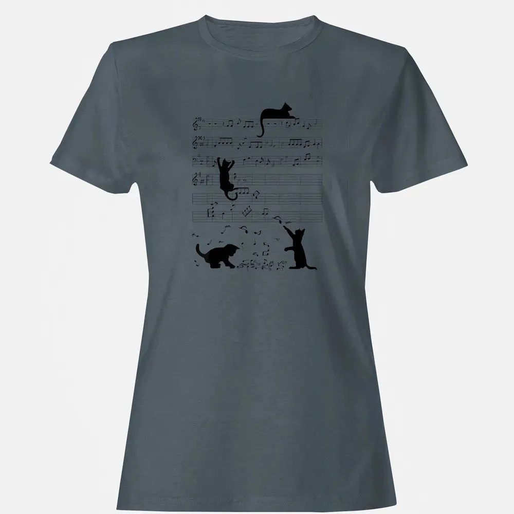 Cute Cat Kitty Playing Music Note Clef Musician Art Women's T-shirt - 3