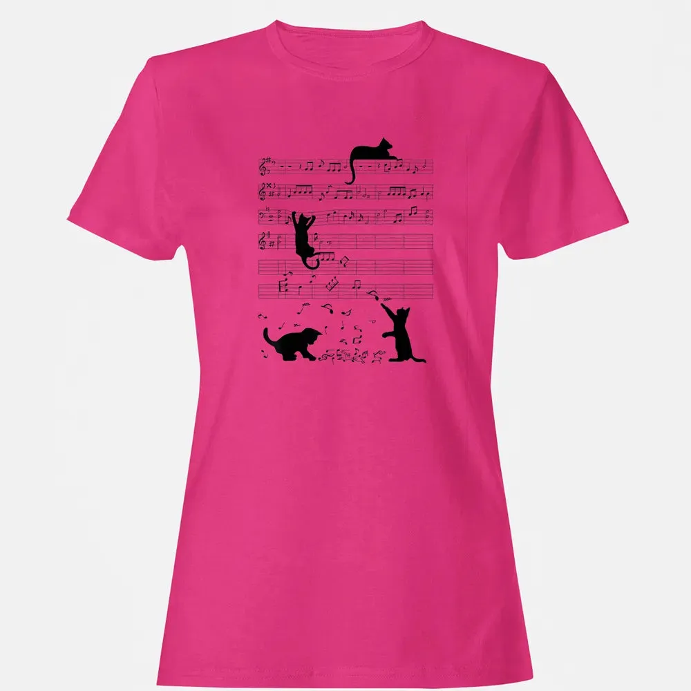 Cute Cat Kitty Playing Music Note Clef Musician Art Women's T-shirt - 6