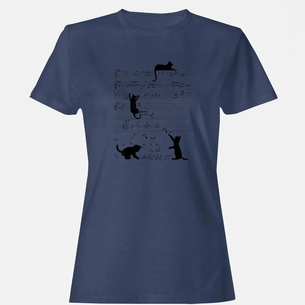 Cute Cat Kitty Playing Music Note Clef Musician Art Women's T-shirt - 10
