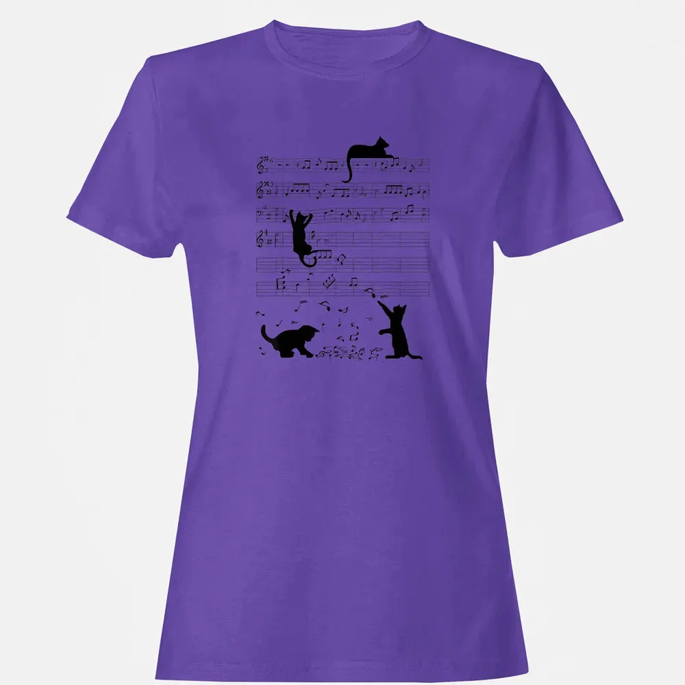 Cute Cat Kitty Playing Music Note Clef Musician Art Women's T-shirt - 12