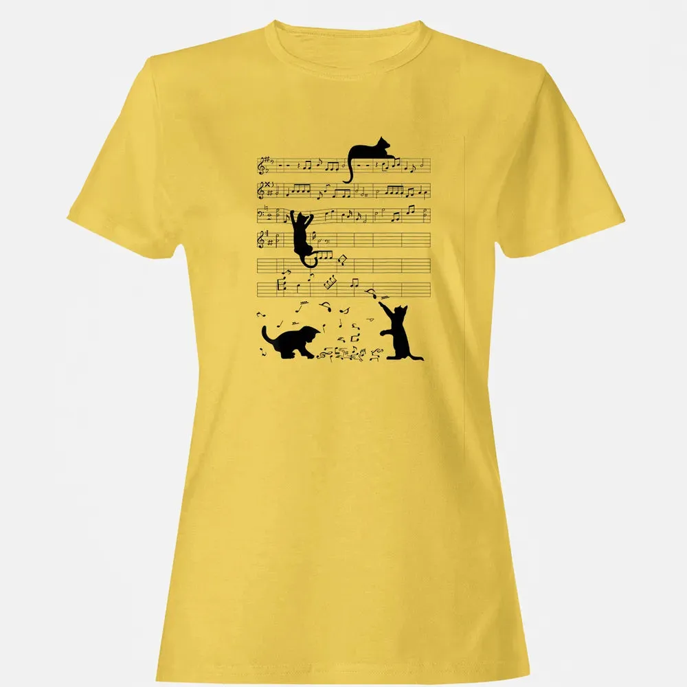 Cute Cat Kitty Playing Music Note Clef Musician Art Women's T-shirt - 4