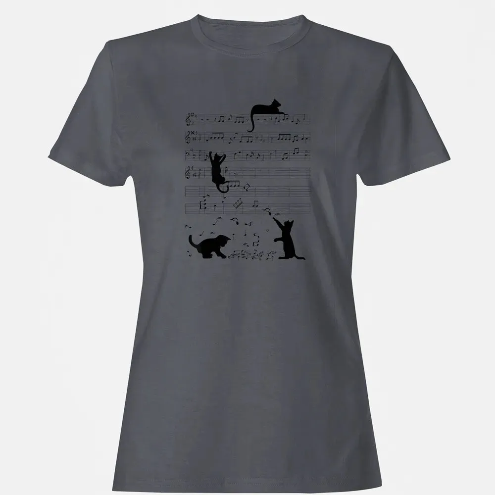 Cute Cat Kitty Playing Music Note Clef Musician Art Women's T-shirt - 5