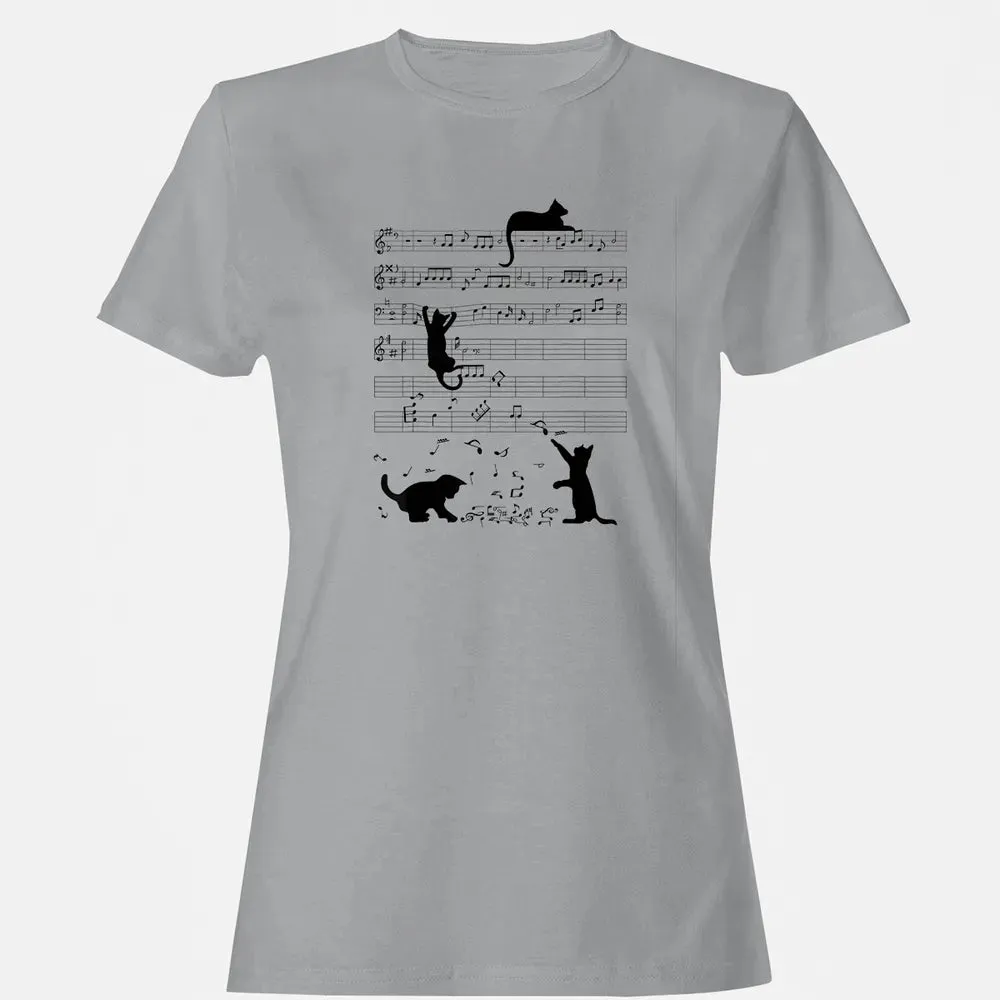 Cute Cat Kitty Playing Music Note Clef Musician Art Women's T-shirt - 15