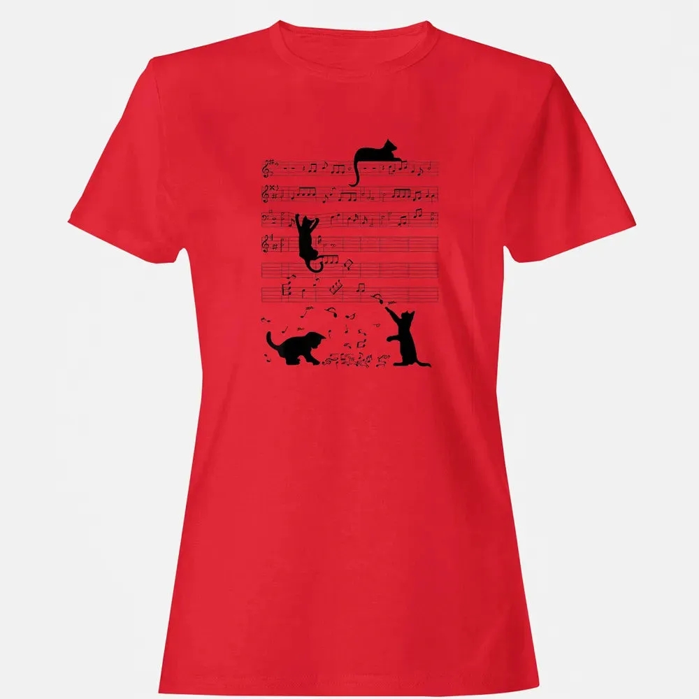 Cute Cat Kitty Playing Music Note Clef Musician Art Women's T-shirt - 13