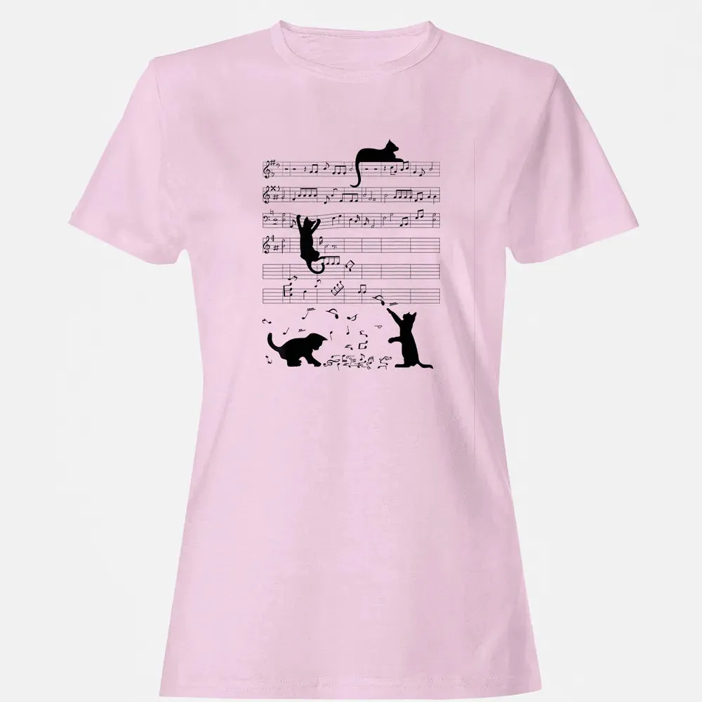 Cute Cat Kitty Playing Music Note Clef Musician Art Women's T-shirt - 9