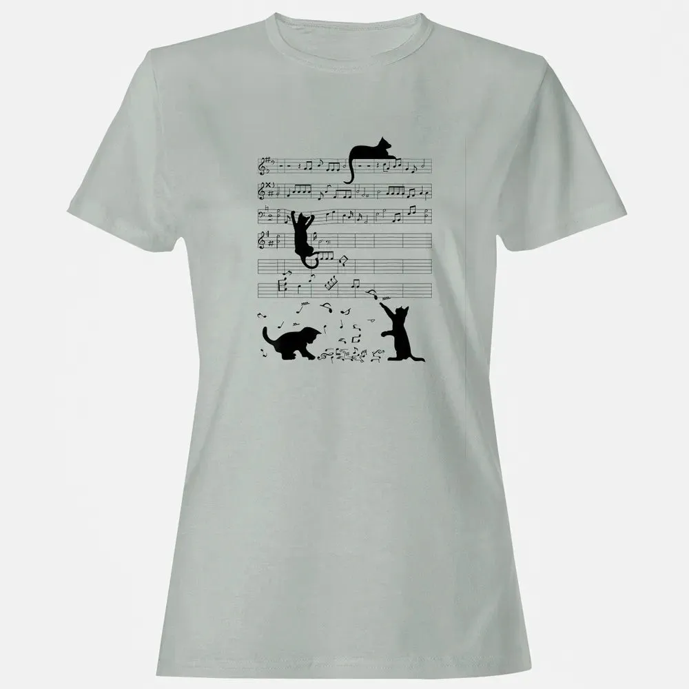 Cute Cat Kitty Playing Music Note Clef Musician Art Women's T-shirt - 2