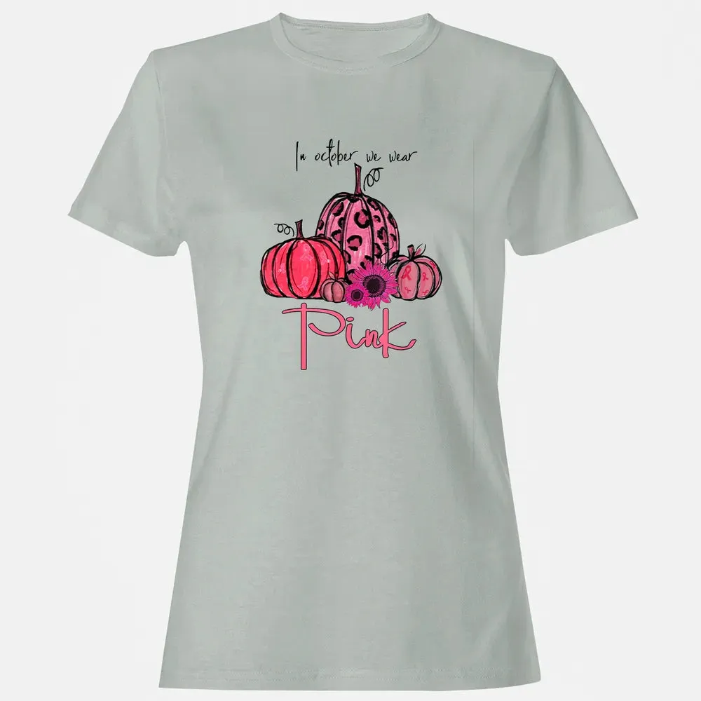 In October We Wear Pink Pumpkin Breast Cancer Halloween Women's T-shirt - 2