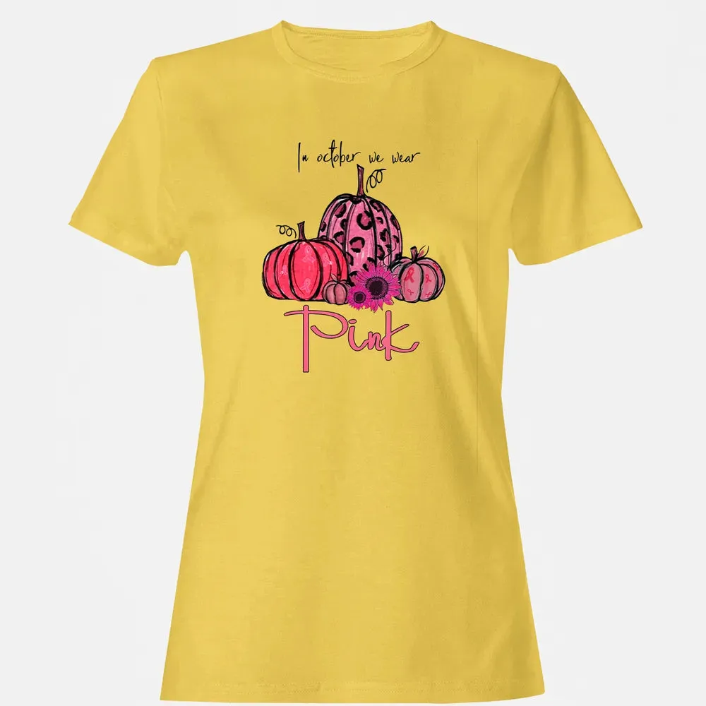 In October We Wear Pink Pumpkin Breast Cancer Halloween Women's T-shirt - 4