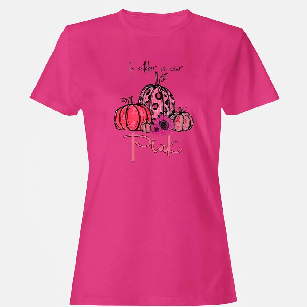 In October We Wear Pink Pumpkin Breast Cancer Halloween Women's T-shirt - 6