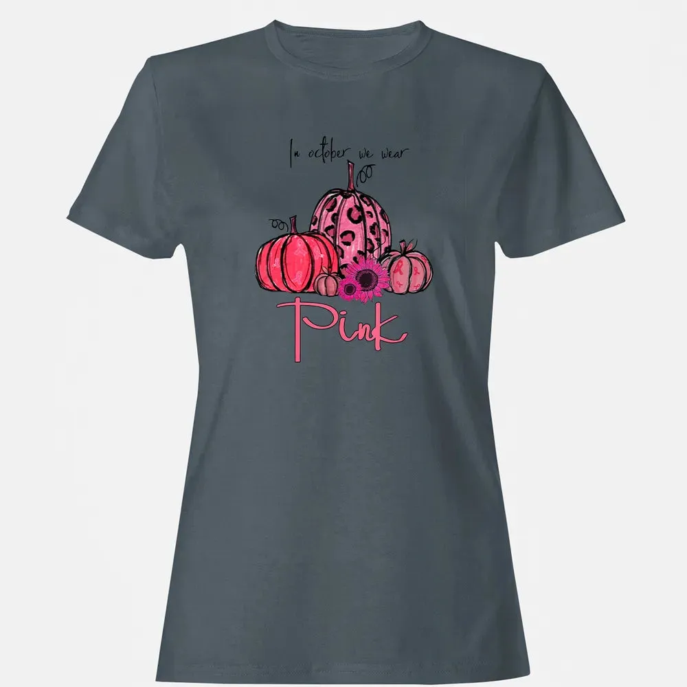 In October We Wear Pink Pumpkin Breast Cancer Halloween Women's T-shirt - 3