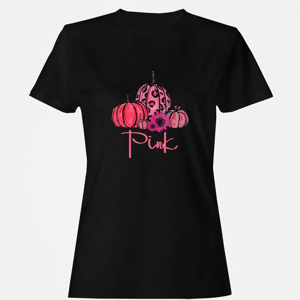 In October We Wear Pink Pumpkin Breast Cancer Halloween Women's T-shirt - 16