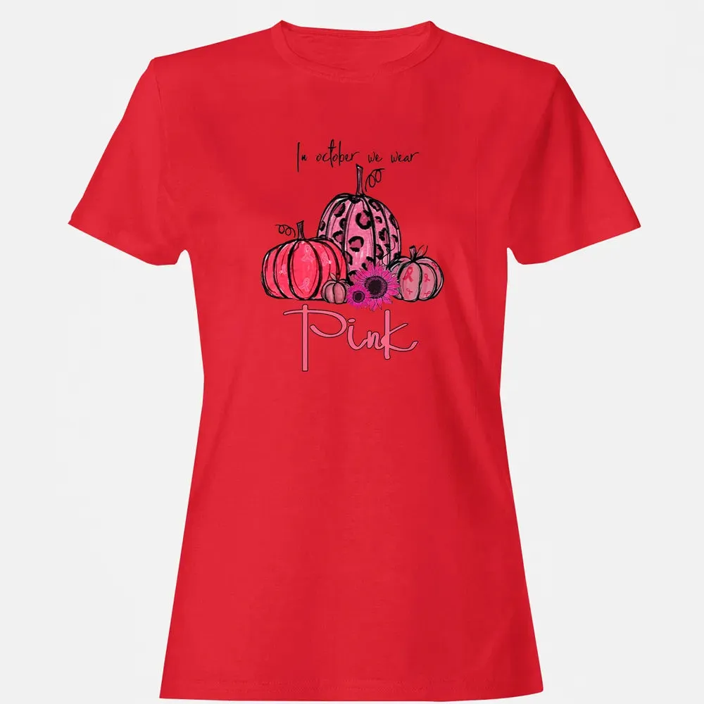 In October We Wear Pink Pumpkin Breast Cancer Halloween Women's T-shirt - 13