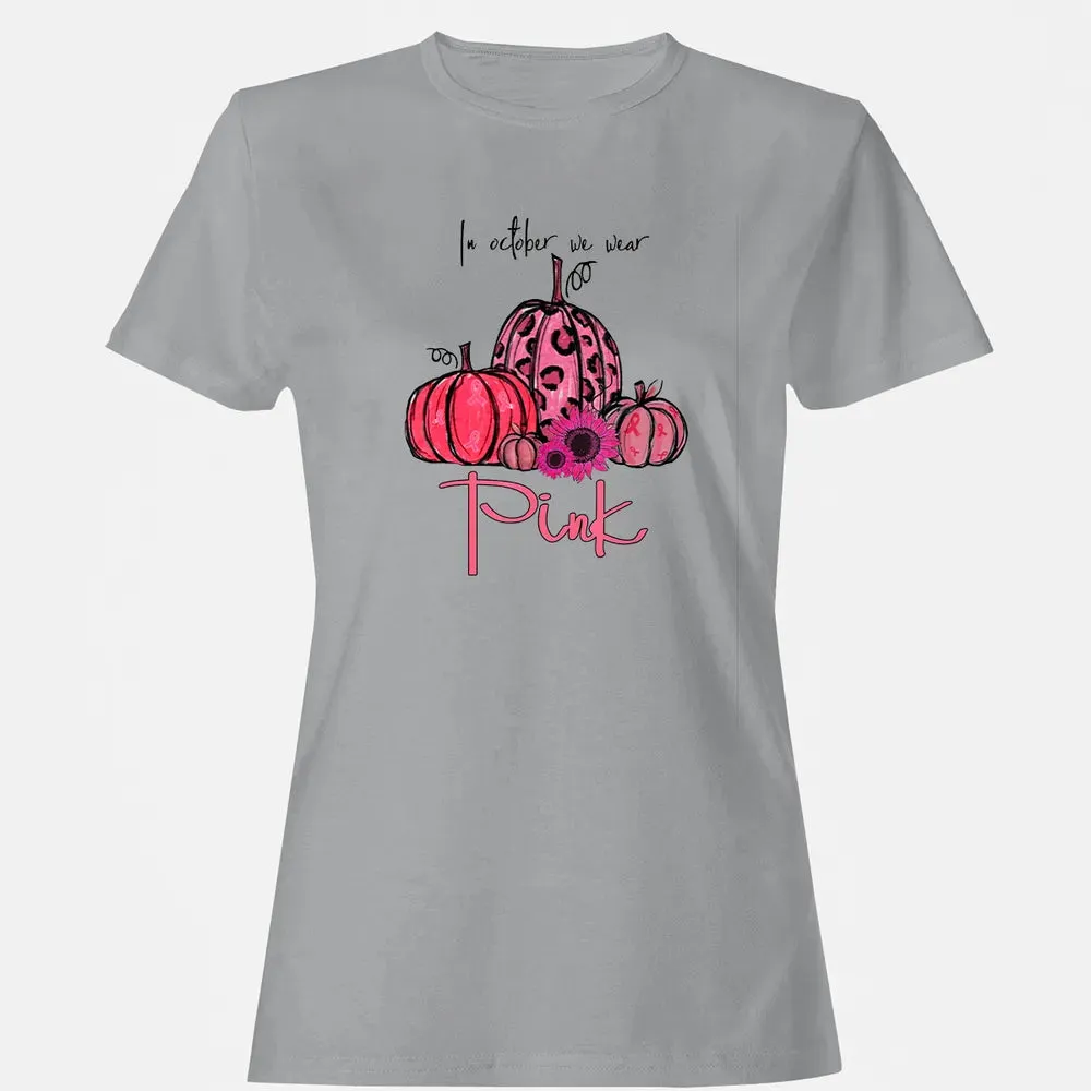 In October We Wear Pink Pumpkin Breast Cancer Halloween Women's T-shirt - 15