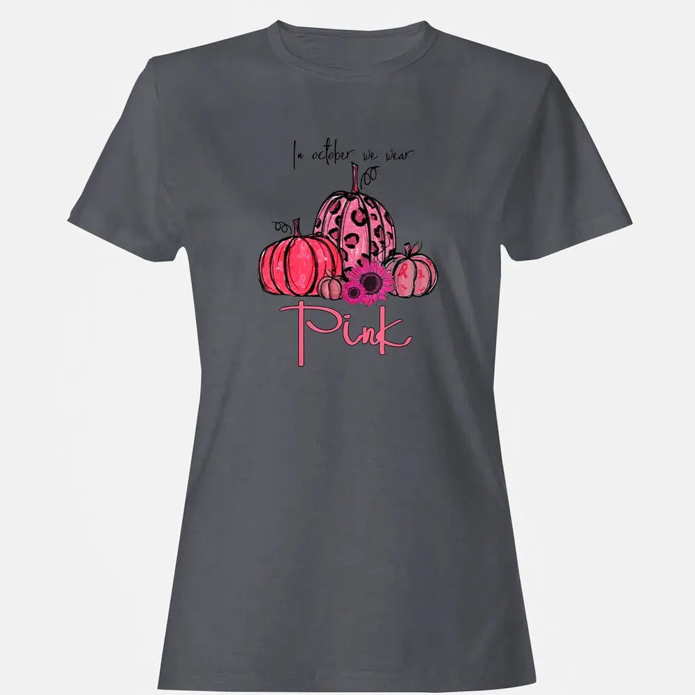 In October We Wear Pink Pumpkin Breast Cancer Halloween Women's T-shirt - 5