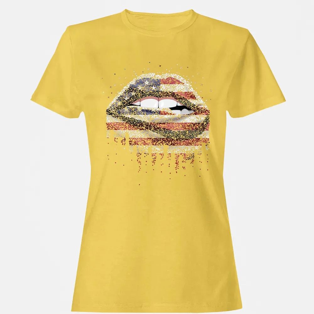 American Flag Sexy Biting Lip 4th Of July USA America Women's T-shirt - 4