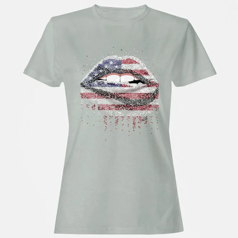American Flag Sexy Biting Lip 4th Of July USA America Women's T-shirt - 2