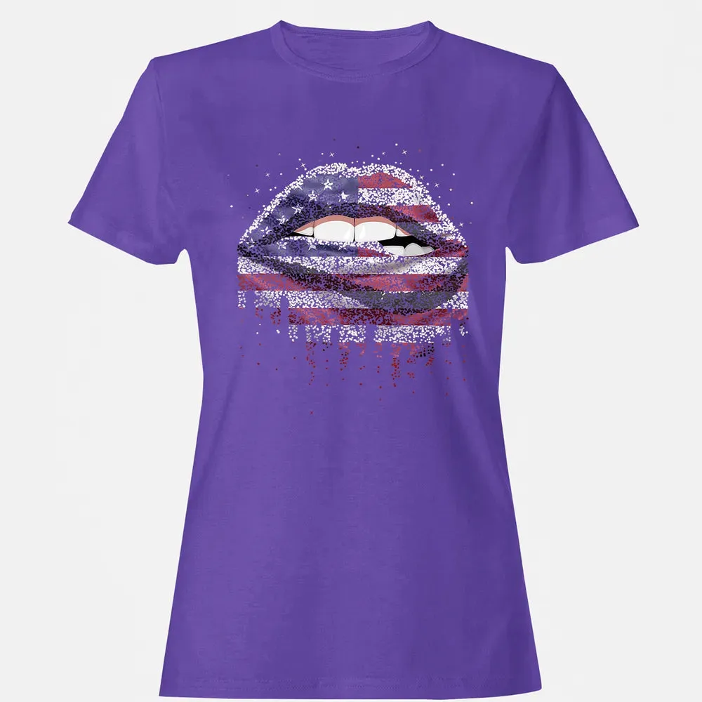 American Flag Sexy Biting Lip 4th Of July USA America Women's T-shirt - 12
