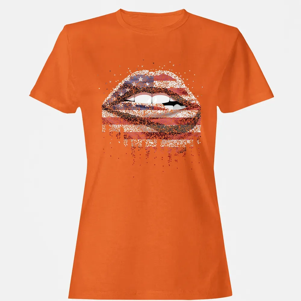American Flag Sexy Biting Lip 4th Of July USA America Women's T-shirt - 11