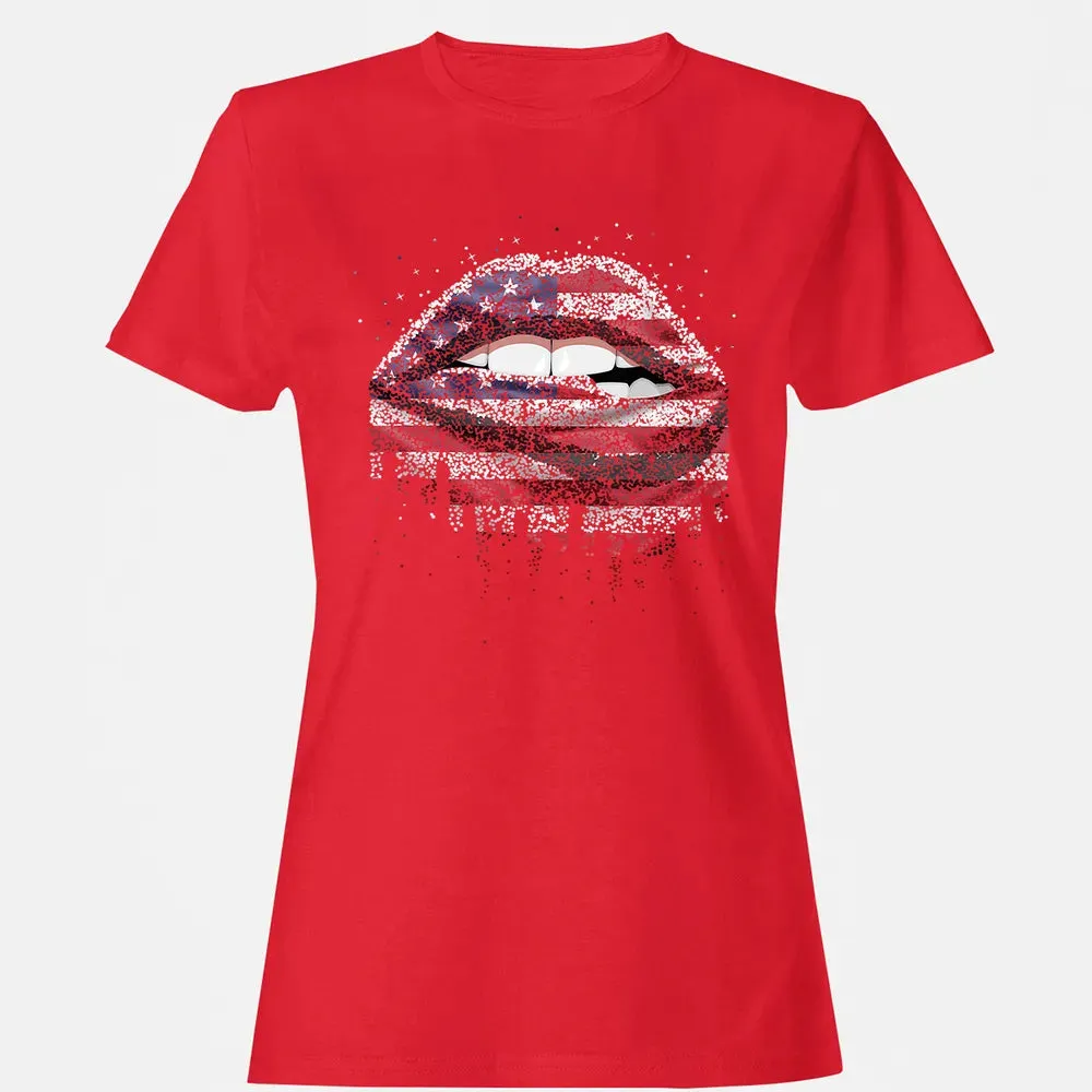 American Flag Sexy Biting Lip 4th Of July USA America Women's T-shirt - 13