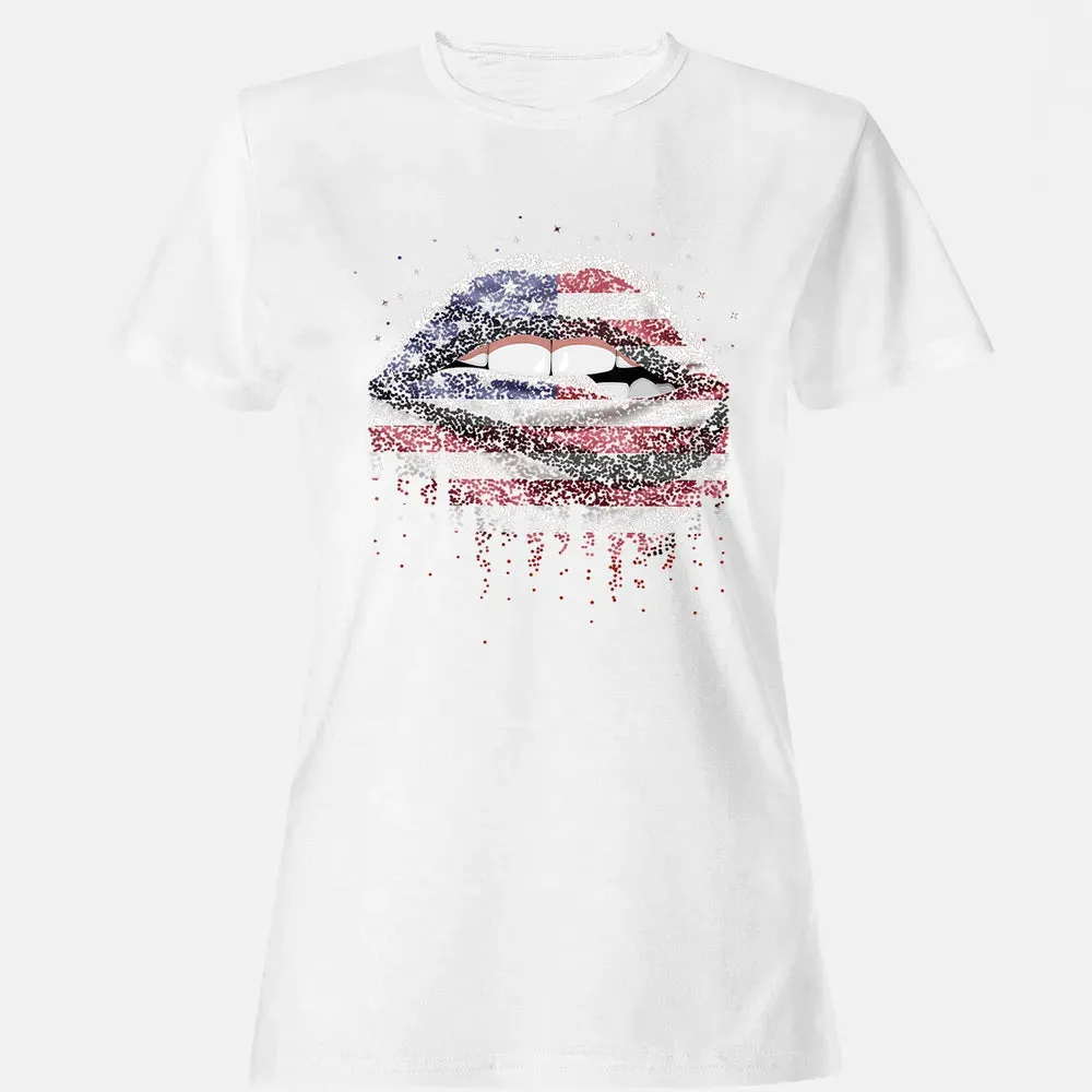 American Flag Sexy Biting Lip 4th Of July USA America Women's T-shirt - 16