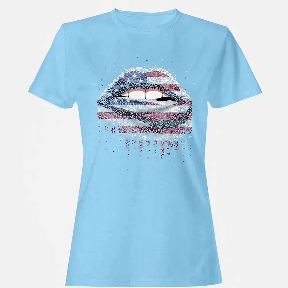 American Flag Sexy Biting Lip 4th Of July USA America Women's T-shirt - 8